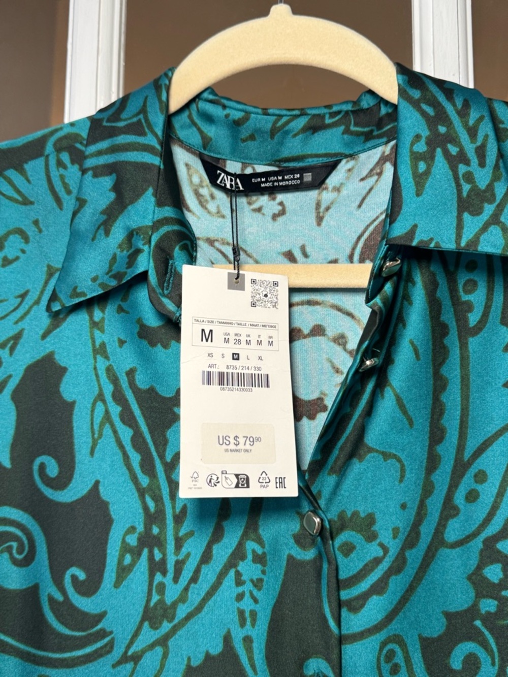 Zara Teal and Black Paisley Long Sleeve Dress satin maxi button down gold accent - Picture 4 of 6